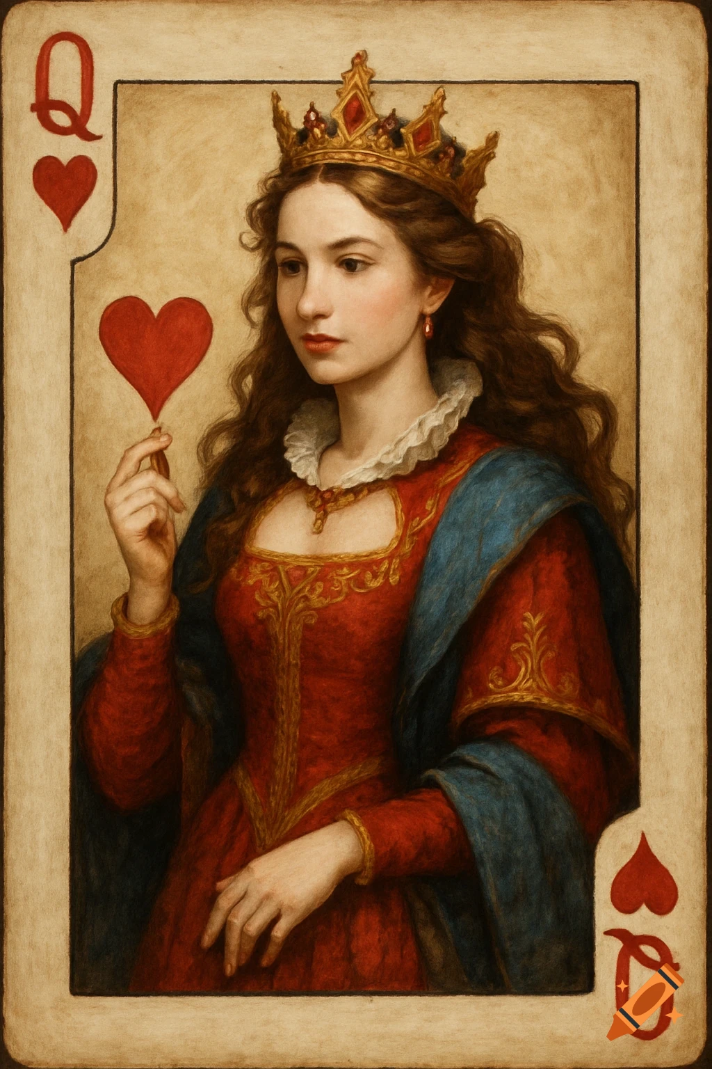 Portrait of the Queen of Hearts on a playing card, featuring a woman with a crown and red dress, holding a heart.