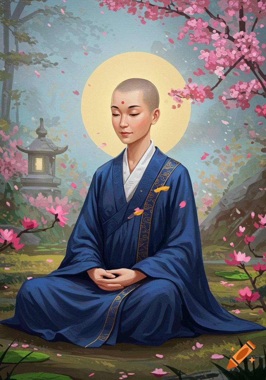 A female Asian monk in blue robes meditates cross-legged under cherry blossom trees in a serene garden with a stone lantern.