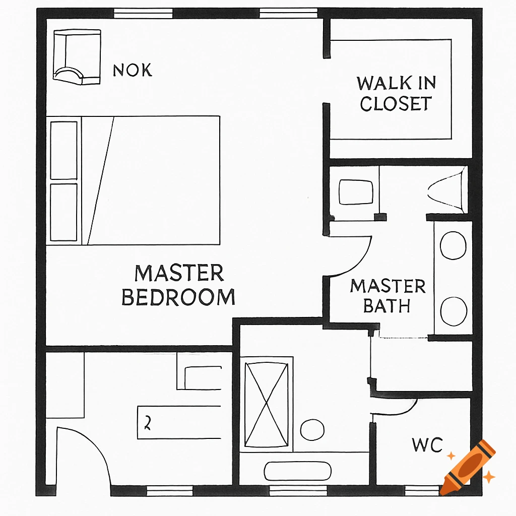 Black and white sketch of a master bedroom floor plan, including a walk-in closet, master bathroom, and water closet.