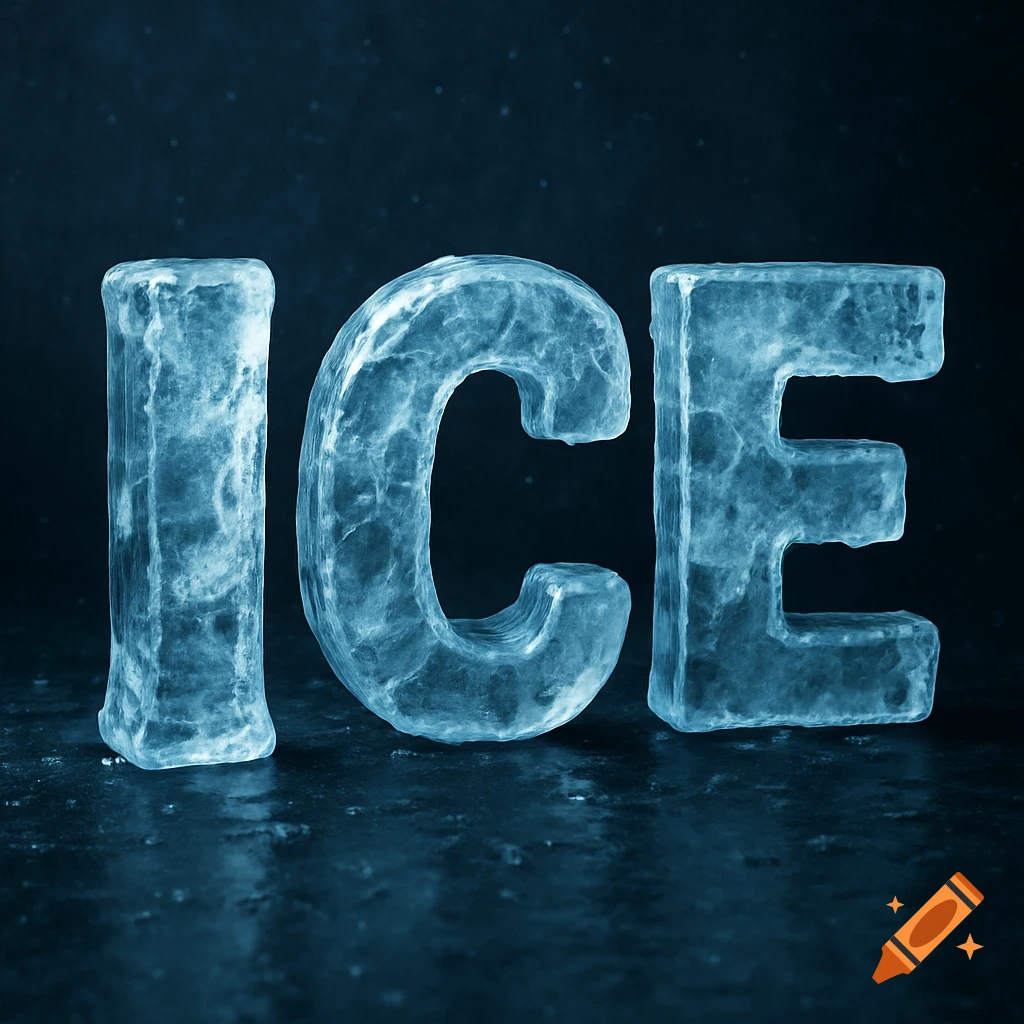 The letters ICE rendered in translucent blue ice on a dark, reflective surface.