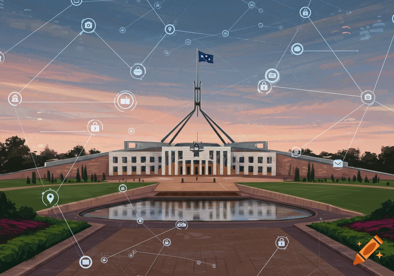 An illustrated view of Canberra's Parliament House with a blue flag, surrounded by an overlay of interconnected white network icons and lines.