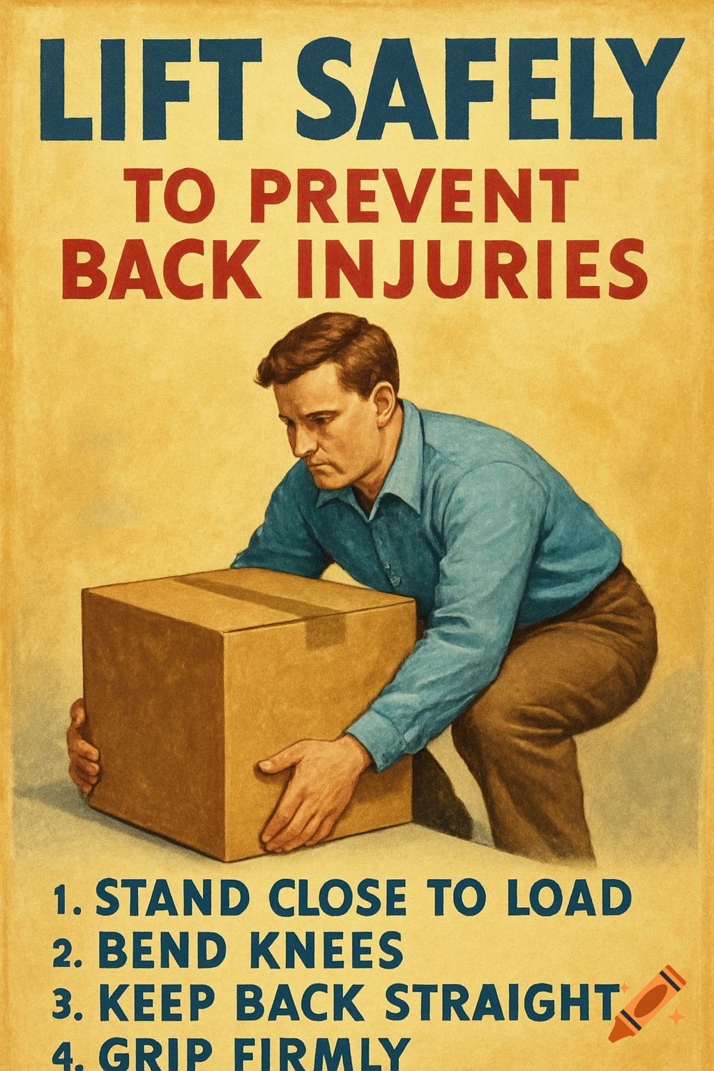 Vintage safety poster illustrating a man properly lifting a box, with text 'LIFT SAFELY TO PREVENT BACK INJURIES' and instructions.