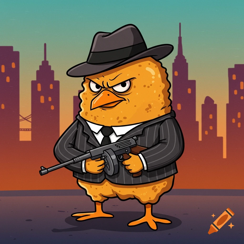 Cartoon chicken nugget dressed as a gangster in a pinstripe suit and fedora, holding a tommy gun with a city skyline background.