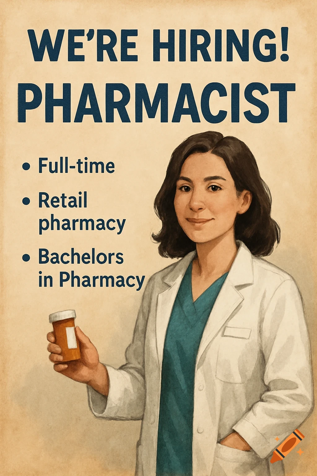 A vintage-style illustration of a pharmacist holding a pill bottle, alongside text that reads "WE'RE HIRING! PHARMACIST" and job requirements.