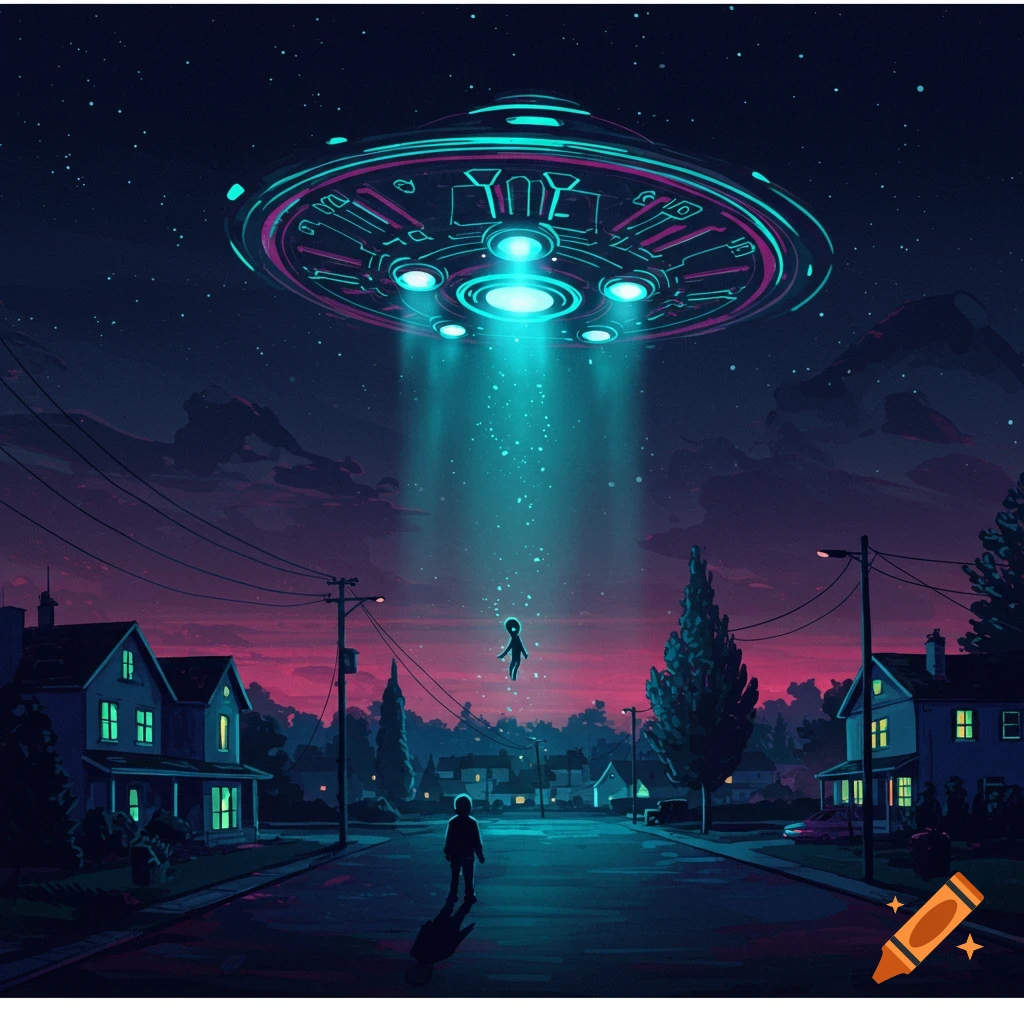 A vibrant digital illustration of a neon-lit UFO abducting a small alien above a suburban street at night, a lone person watches.
