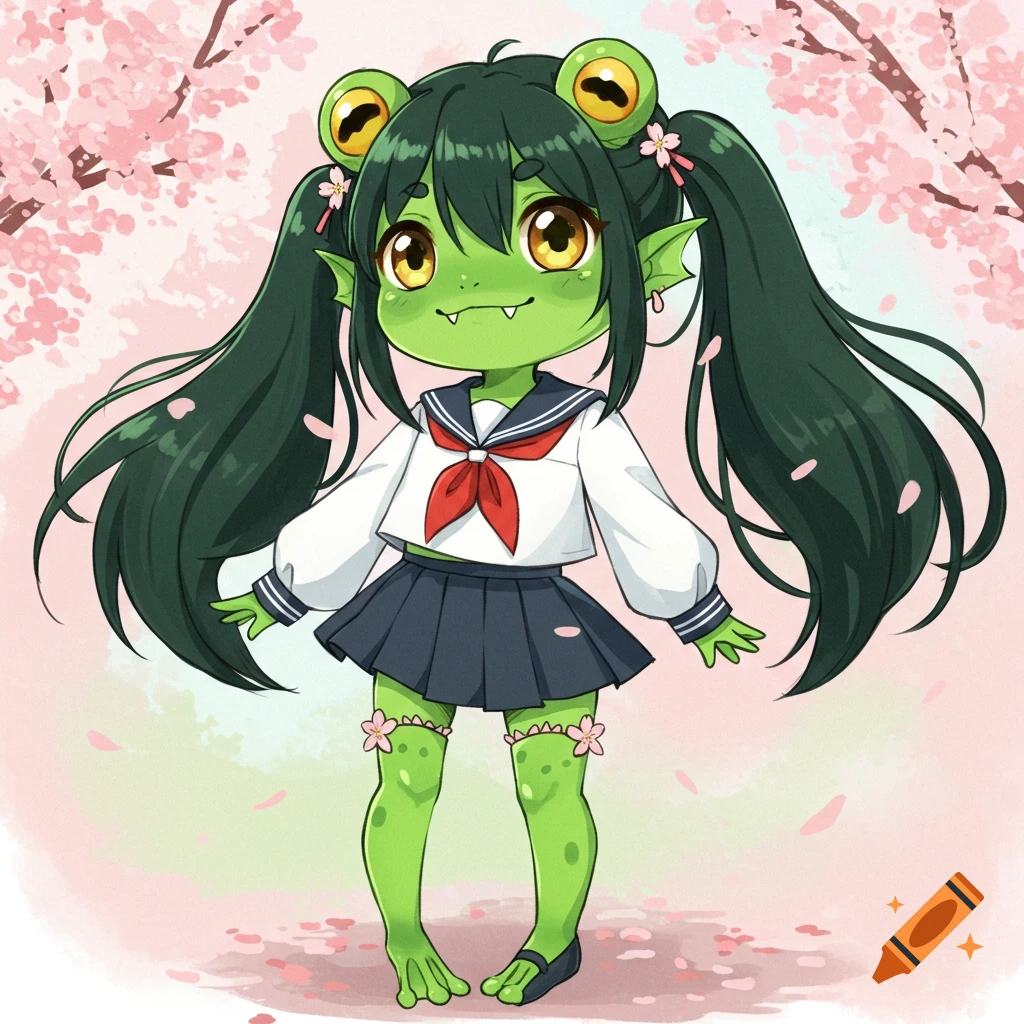 An anime-style frog girl with dark green hair in pigtails and a sailor uniform stands under pink cherry blossoms.