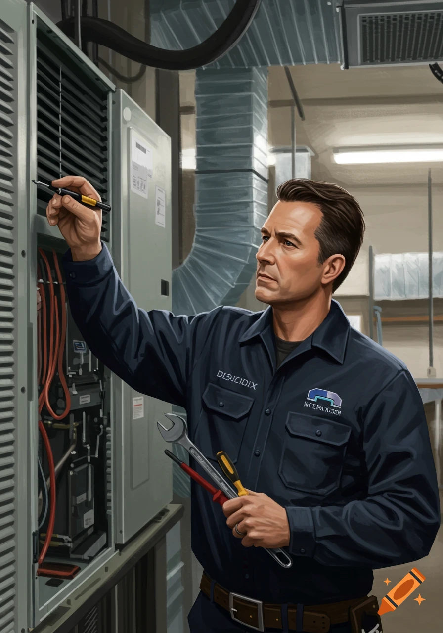A photorealistic image of an HVAC technician inspecting a large air conditioning unit in a mechanical room, holding tools.