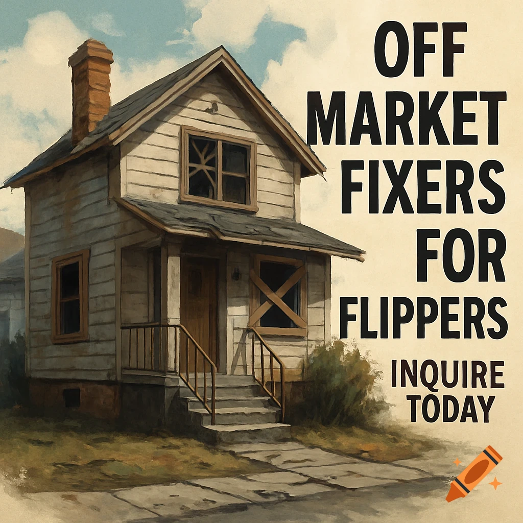 An illustration of a weathered, single-story house with a chimney and porch. Large text on the right reads "OFF MARKET FIXERS FOR FLIPPERS INQUIRE TODAY".