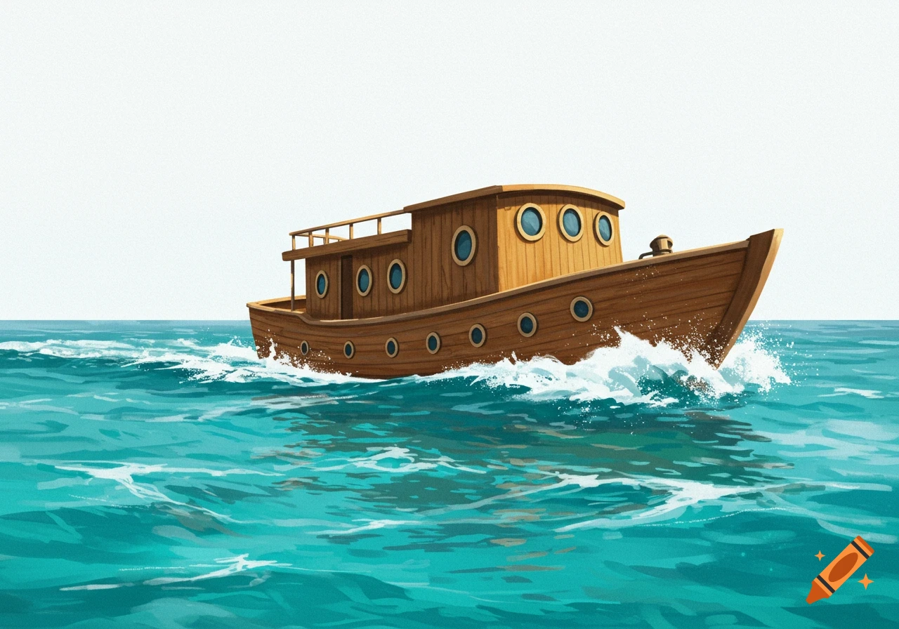 A cartoon wooden boat with portholes sails through wavy blue water under a clear white sky.