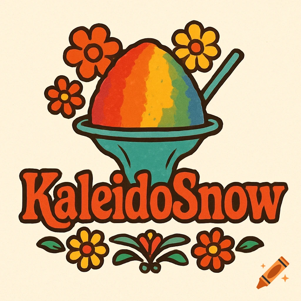A retro-style logo for KaleidoSnow featuring rainbow-colored shaved ice, a spoon, and orange and yellow flowers.