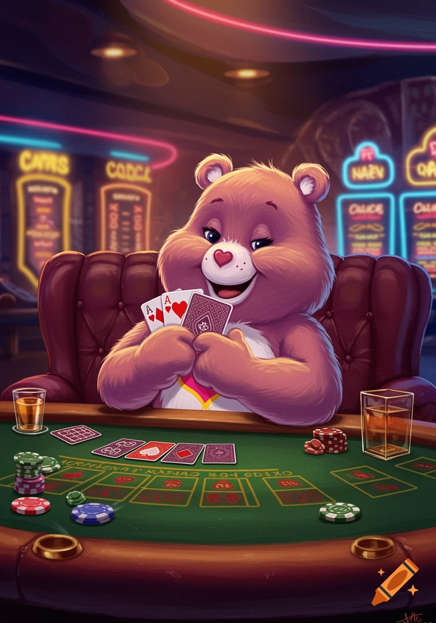 A pink Carebear sits at a green gambling table in a casino, holding a hand of cards with three aces and looking with a sly smile. Poker chips and drinks are on the table, and neon signs are in the background.