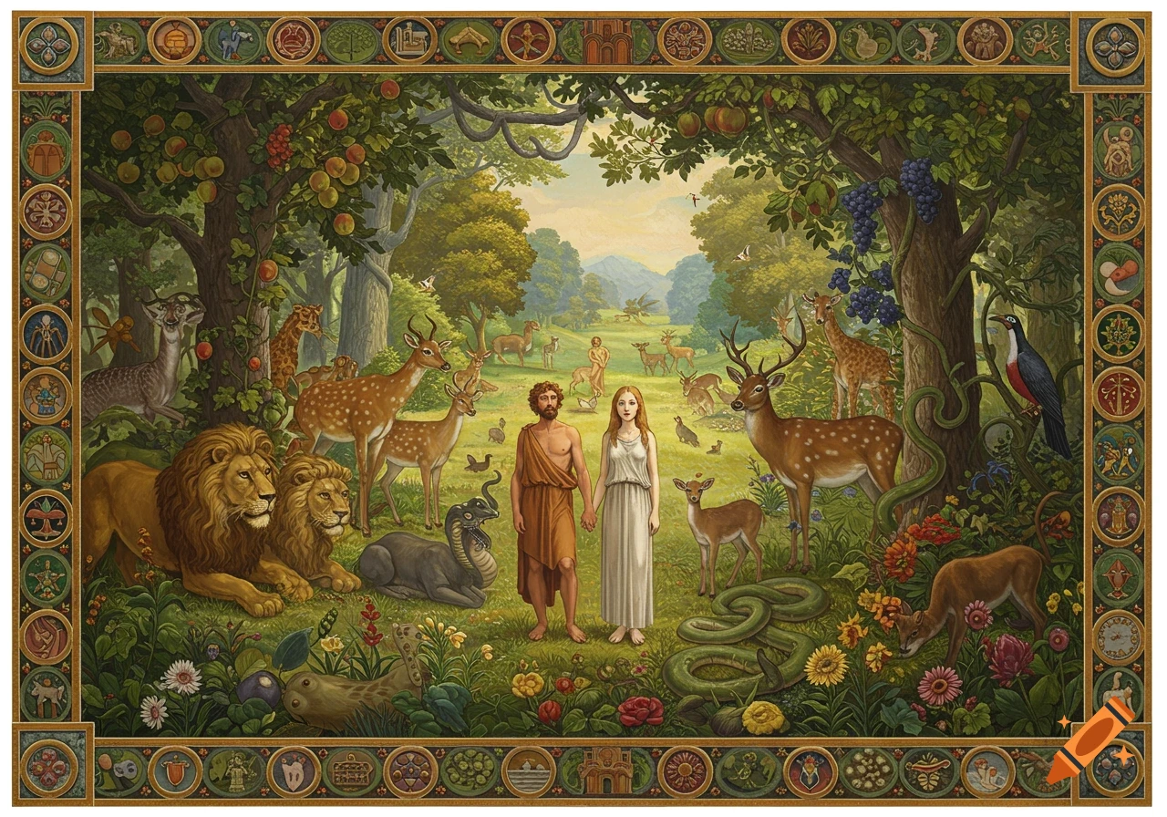 An ornate illustration of Adam and Eve in the Garden of Eden, surrounded by diverse animals, lush trees, and colorful plants.