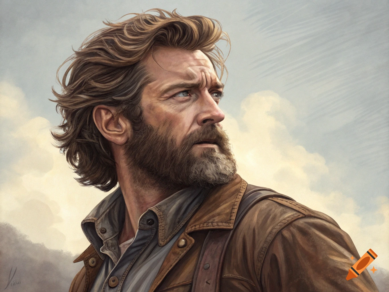 A realistic portrait of a rugged man with long brown hair and beard, wearing a brown jacket, looking right against a cloudy sky.