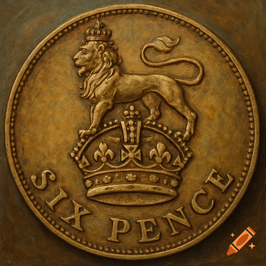 A detailed bronze coin featuring a lion standing atop a crown, with the words 'SIX PENCE' below.