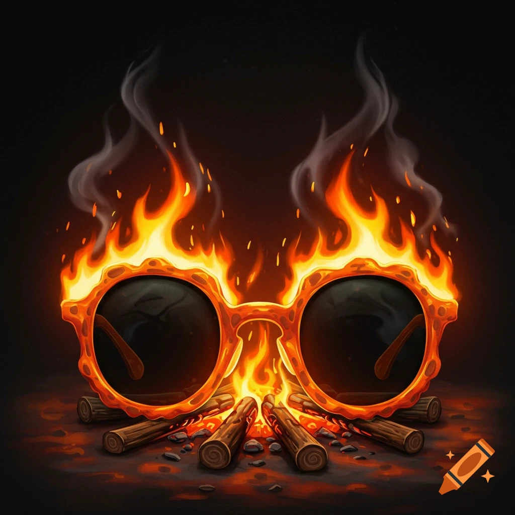 A pair of sunglasses engulfed in flames, sitting atop burning logs like a campfire, with smoke rising on a dark background.