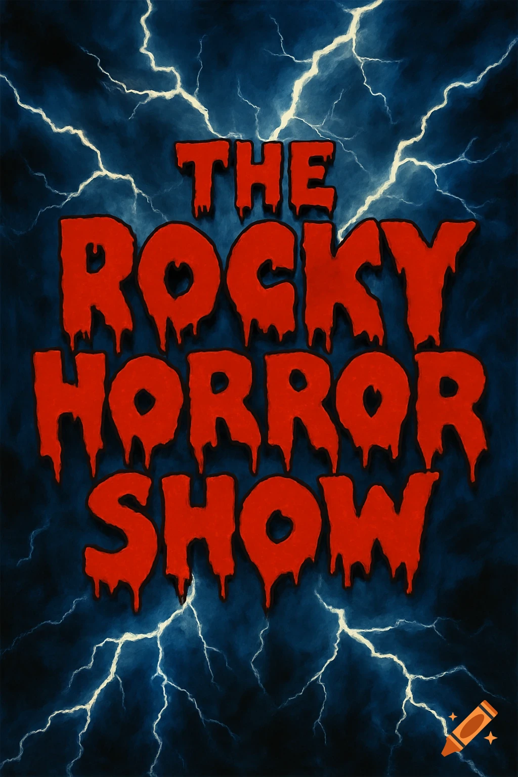 The Rocky Horror Show title in dripping red letters on a dark blue background with white lightning bolts.