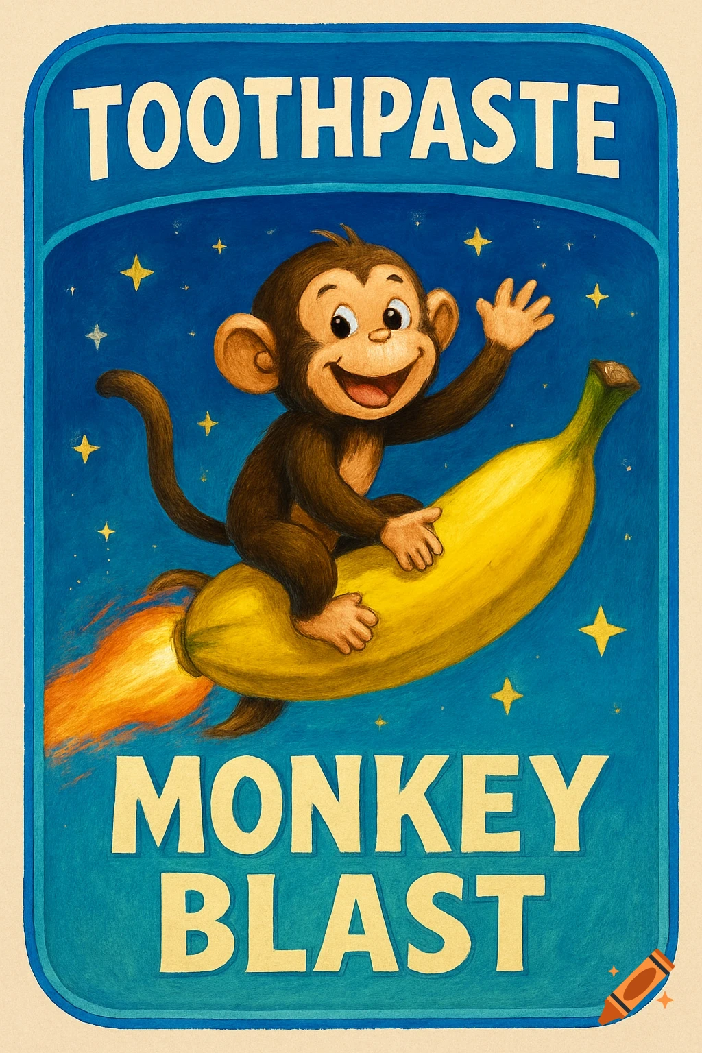 A vintage-style toothpaste label features a smiling cartoon monkey riding a banana like a rocket, against a starry blue background. Text reads 'TOOTHPASTE MONKEY BLAST'.