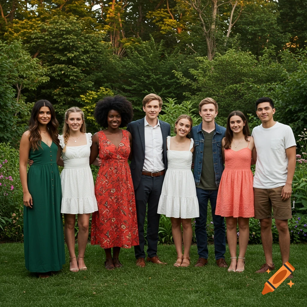 A diverse group of eight young adults, four women and four men, pose smiling in a lush green garden setting.