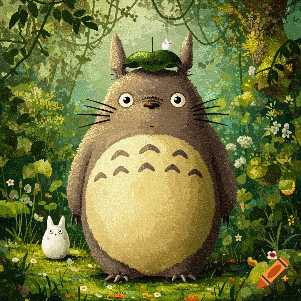 Totoro, a large furry creature, stands in a lush green forest with a smaller white creature beside him, rendered in a detailed micro mosaic style.