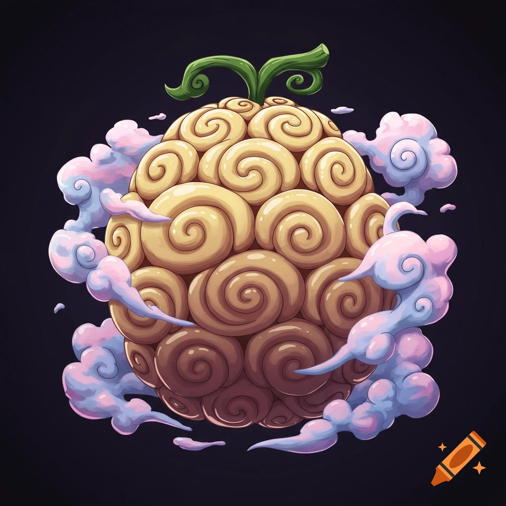 A stylized light yellow spiraled devil fruit with green leaves, surrounded by mystical pink and blue clouds, in an anime style.