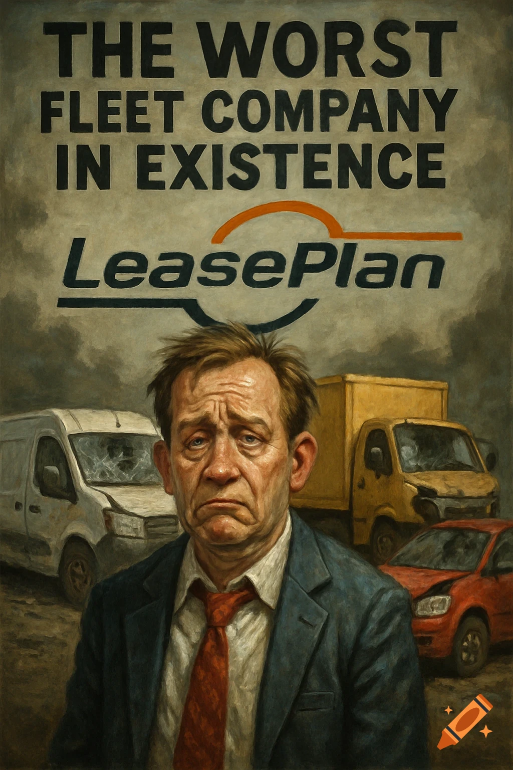 A distraught man stands in front of damaged vehicles under a sign that reads 'THE WORST FLEET COMPANY IN EXISTENCE' and 'LeasePlan' in a painterly style.