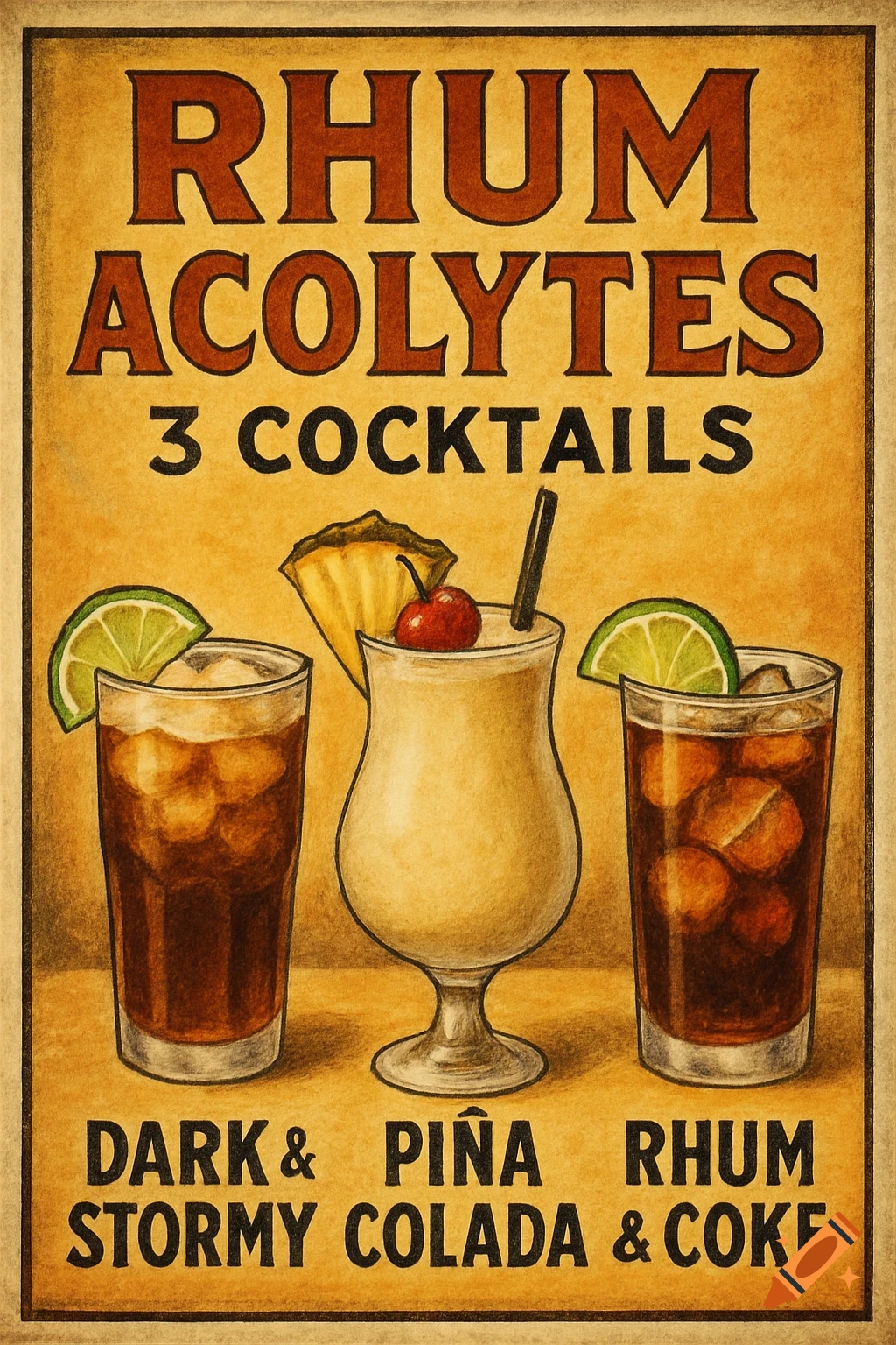 A vintage-style poster advertising Rhum Acolytes and three cocktails: Dark & Stormy, Pi Y_N_A Colada, and Rhum & Coke.