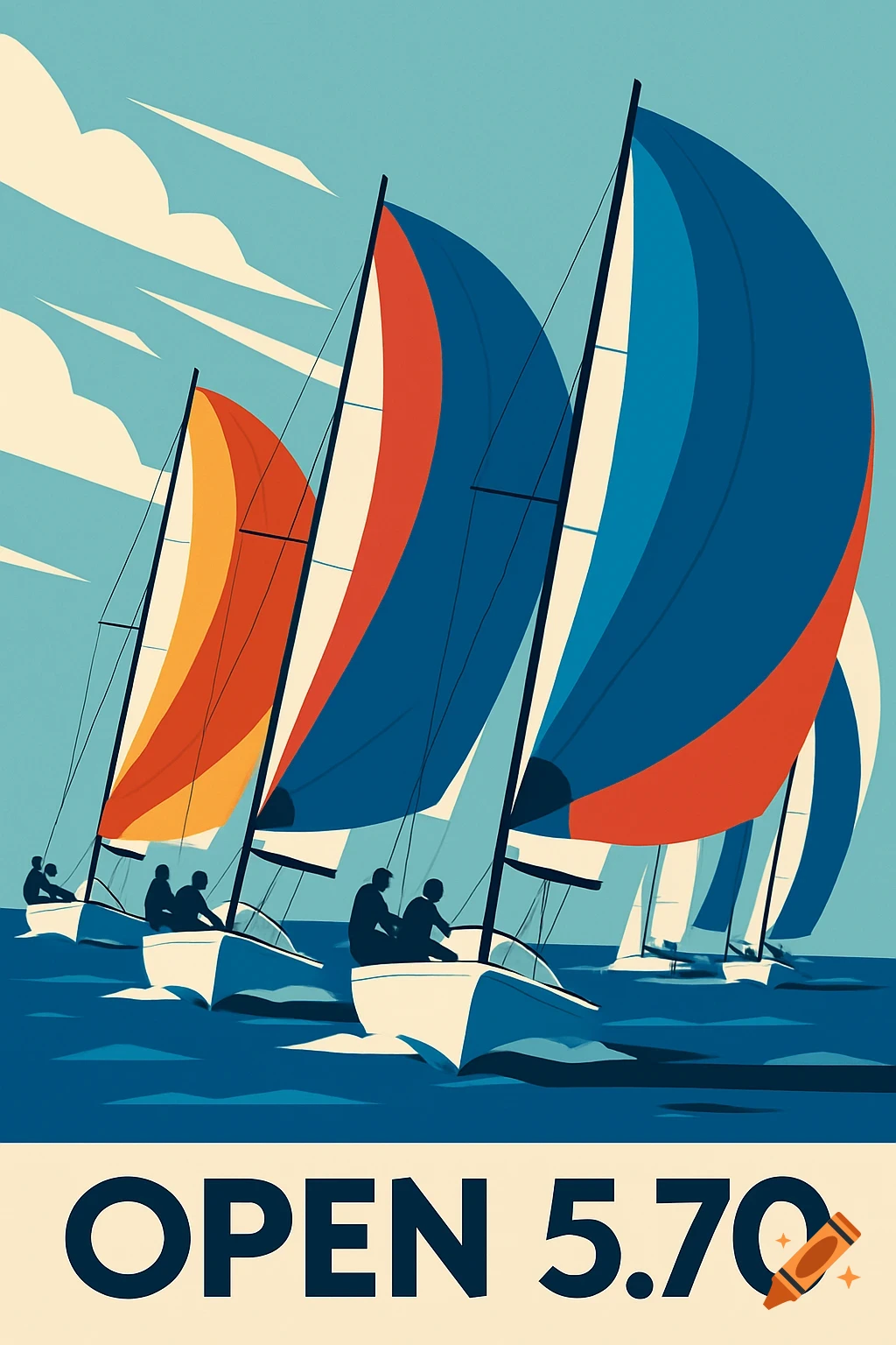Graphic poster illustration of colorful sailboats racing on blue water with spinnakers set, under a light blue sky. Text: OPEN 5.70.