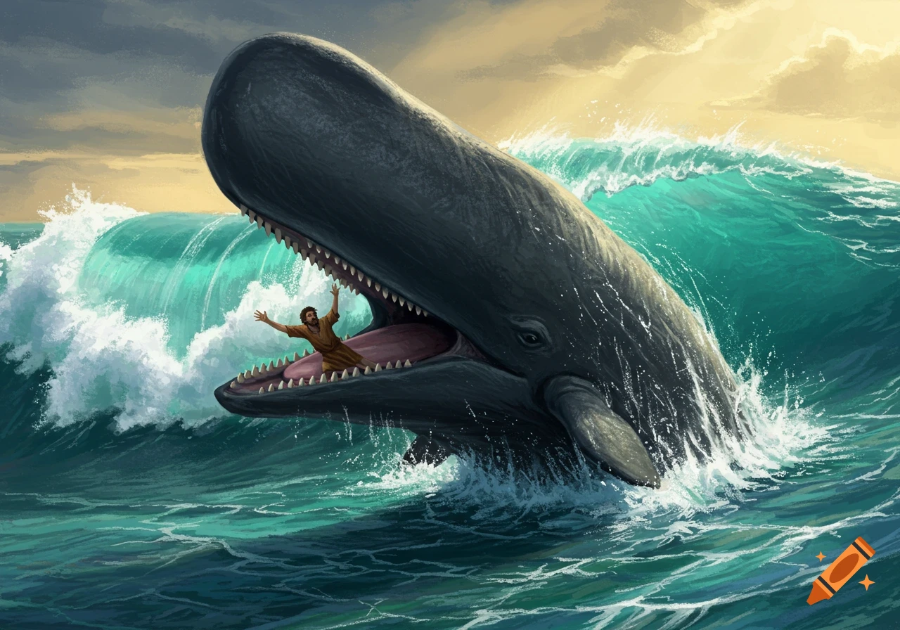 A large gray sperm whale with its mouth open breaches turbulent turquoise ocean waves, a man in a brown tunic inside its mouth. Illustrative style.