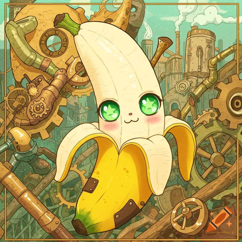 A cute anime-style banana with large green eyes and blush, surrounded by steampunk gears and machinery.