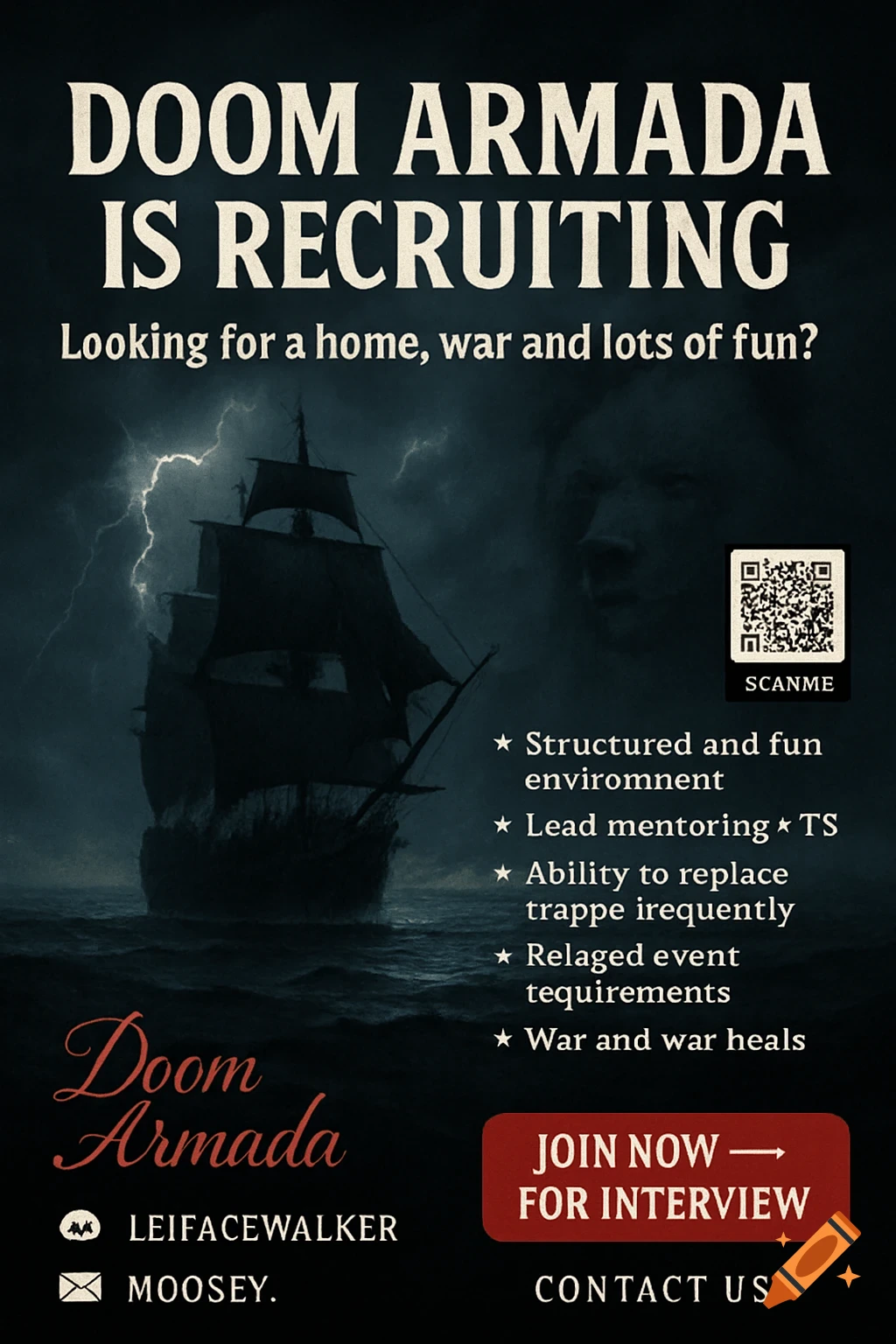 A dark, dramatic recruitment poster for "Doom Armada" featuring a black-sailed pirate ship on stormy seas with lightning, and a faint bear head in the background.
