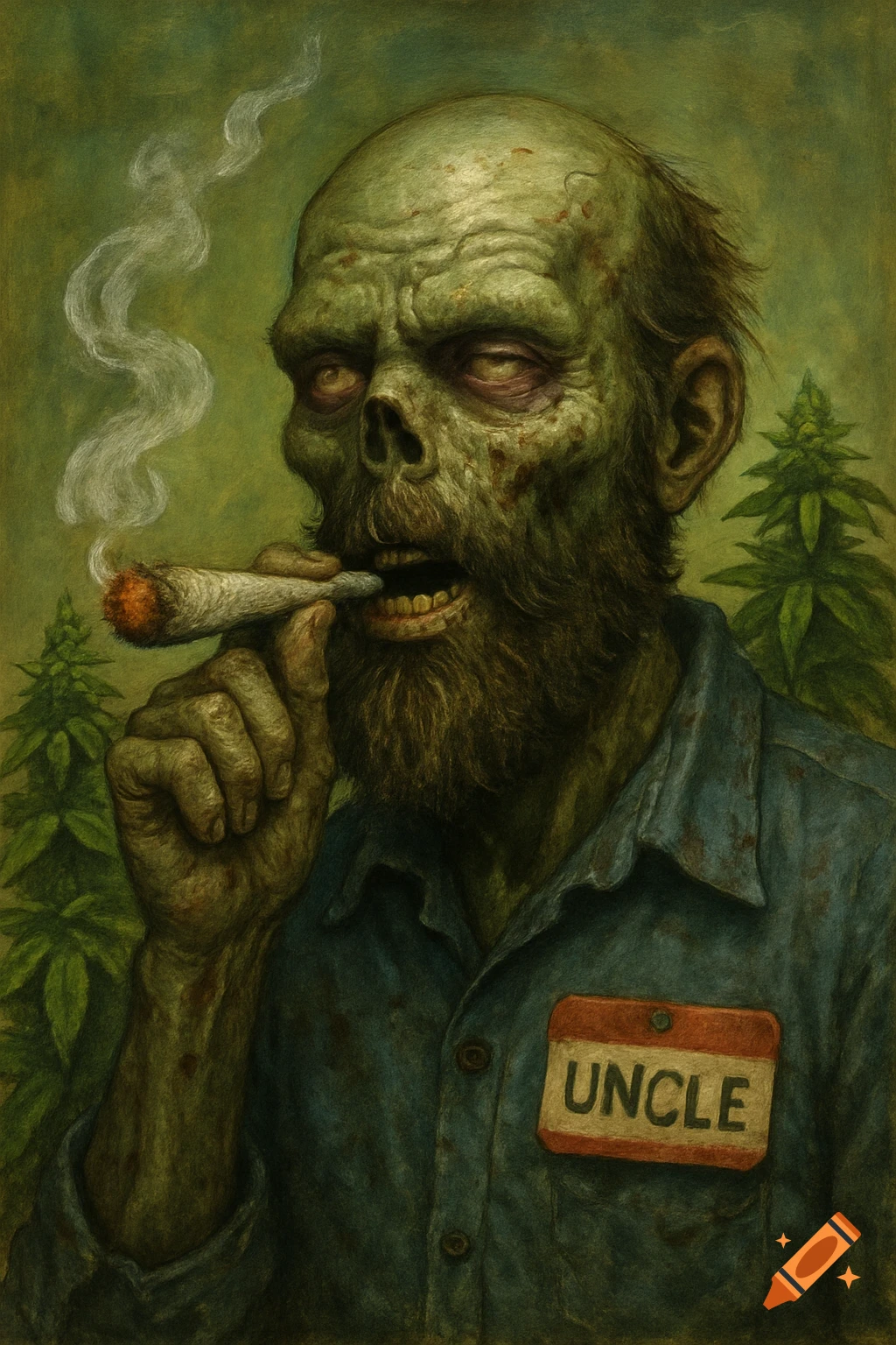 A dark illustration of a bearded zombie smoking cannabis, wearing a shirt with an 'Uncle' name tag, with cannabis plants in the background.