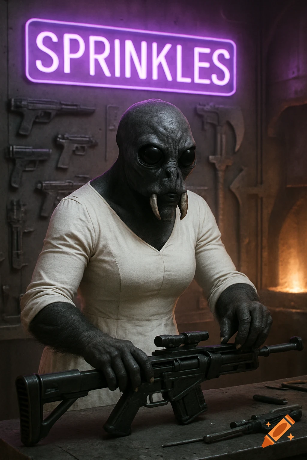 A photorealistic image of a humanoid Aqualish female assembling a sci-fi rifle in a gritty workshop under a purple neon 'SPRINKLES' sign.