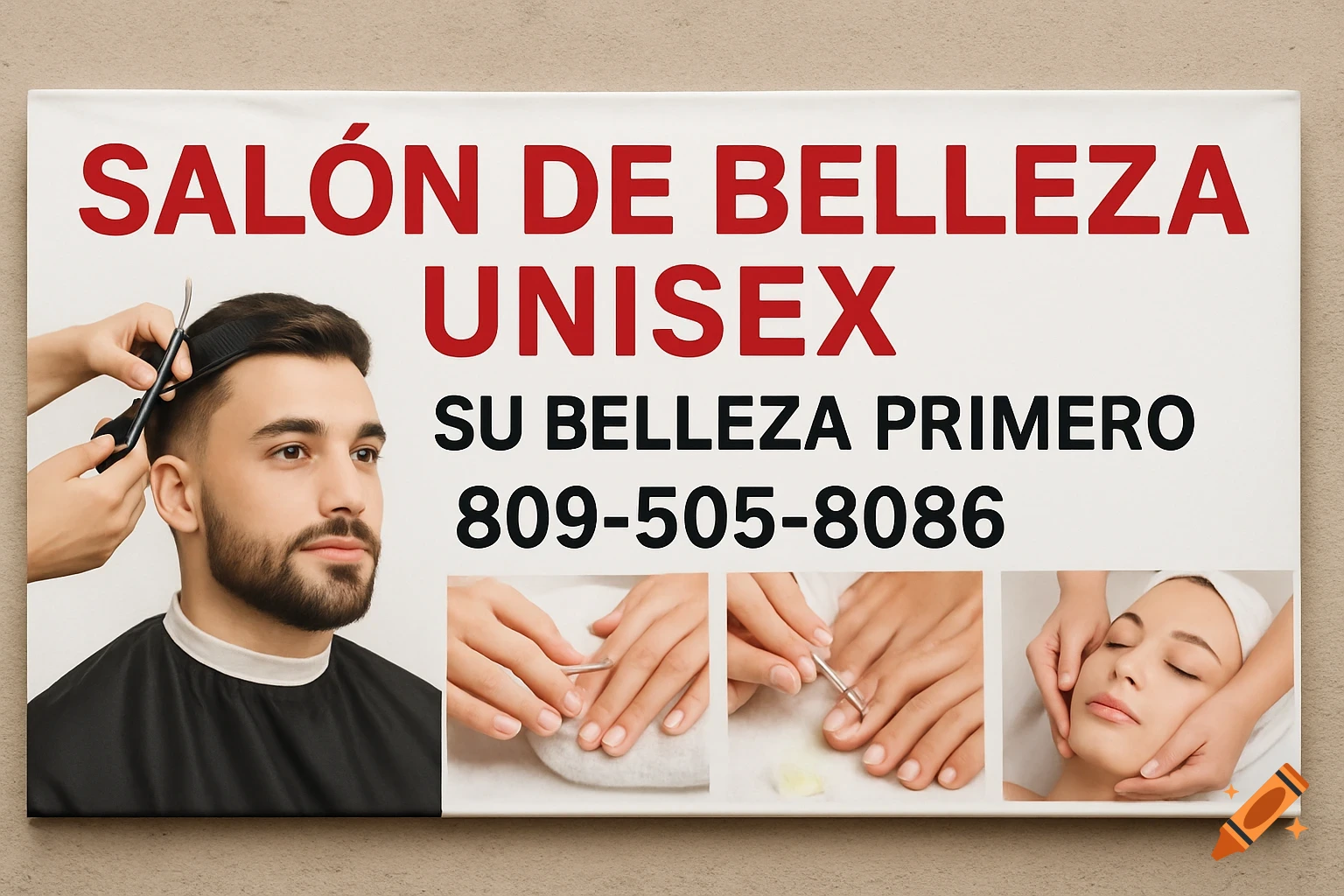 A photorealistic banner for a unisex beauty salon. It features a man getting a haircut, hands performing manicure and pedicure, and a woman receiving a facial. Text on the banner reads: "SALÓN DE BELLEZA UNISEX," "SU BELLEZA PRIMERO," and "809-505-8086."