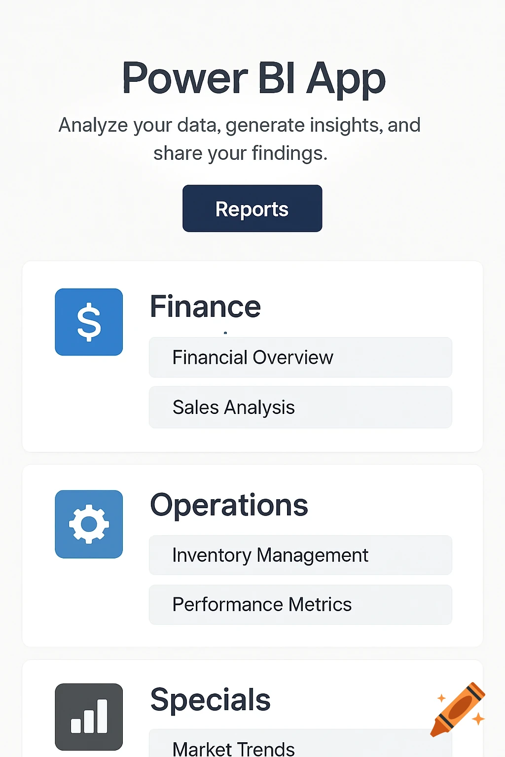 A clean, modern user interface for a Power BI app with sections for Finance, Operations, and Specials, and a Reports button.