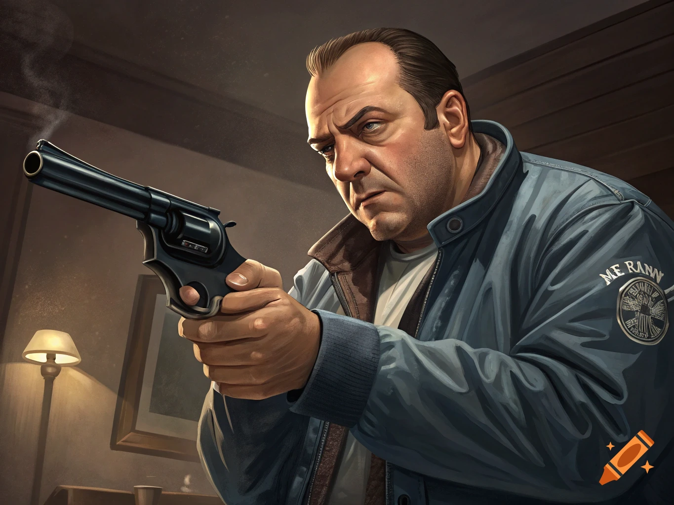 A man resembling Tony Soprano points a revolver forward in a dimly lit room, rendered in a digital painting style.
