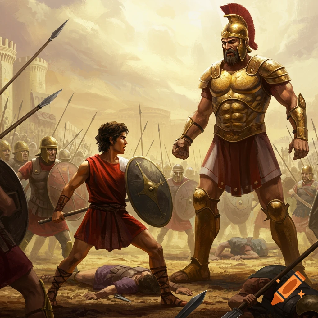 A young warrior with a shield faces a towering giant in golden armor on a battlefield, surrounded by soldiers and fallen figures, in an epic illustration.
