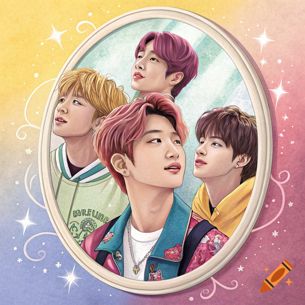 Four Kpop band members are reflected in an oval mirror, set against a magical, starry, colorful background in an illustration style.