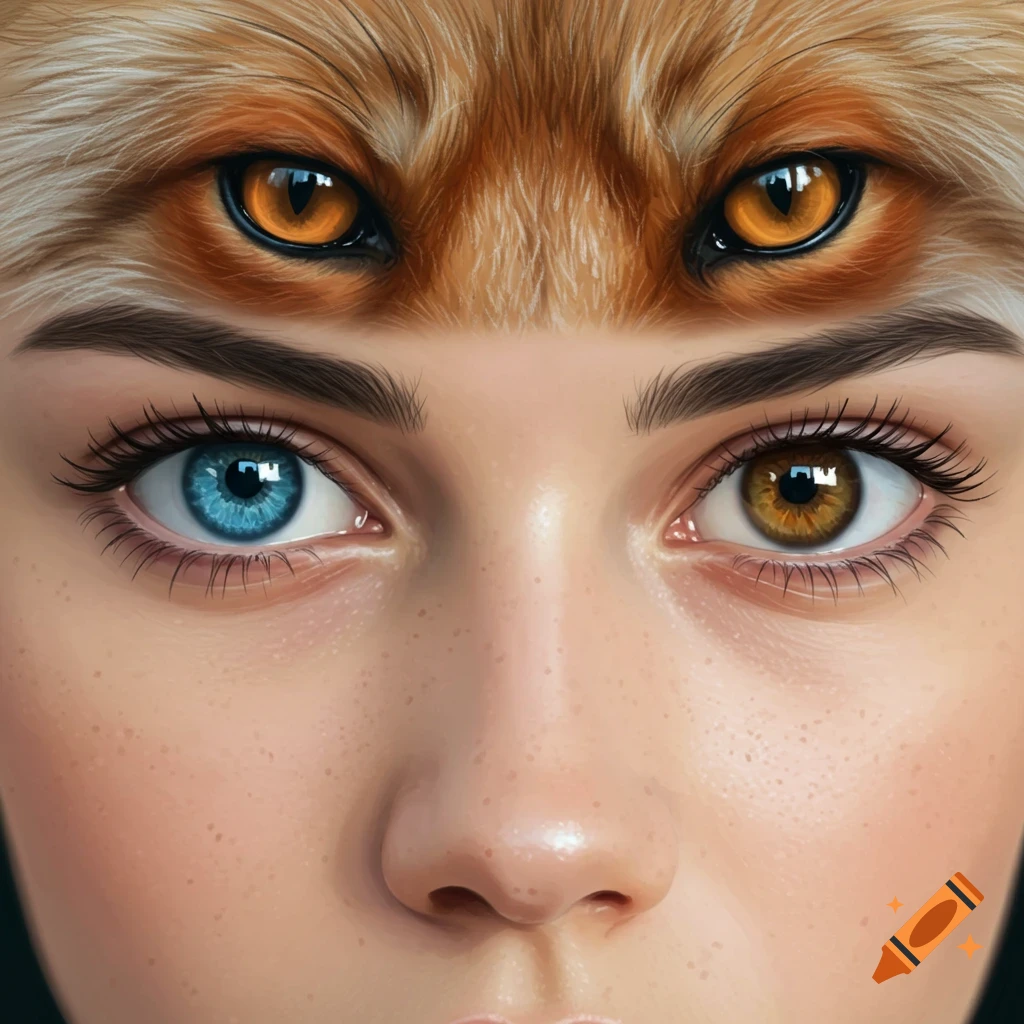 Close-up of human eyes (blue left, hazel right) below a pair of animal eyes (fox left, wolf right).