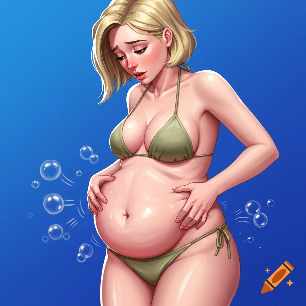 A blonde woman in a green bikini sadly looking at her bloated belly, with bubbles around her.