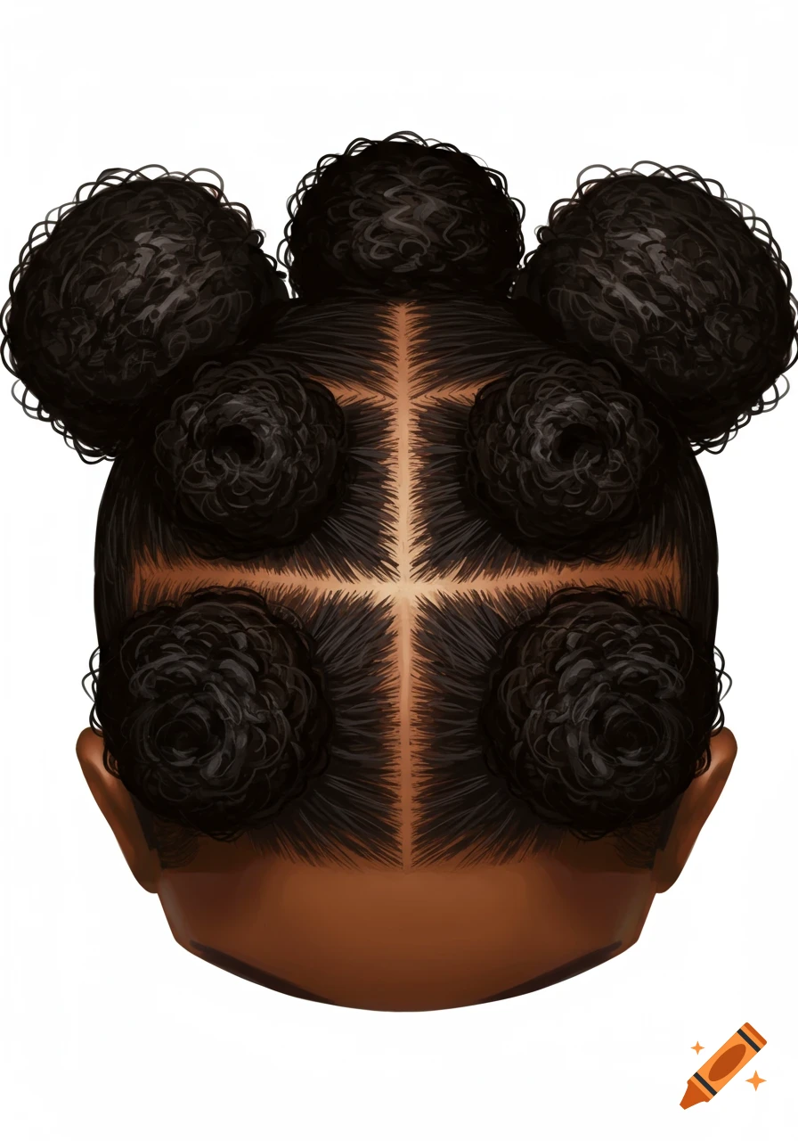 A top-down view of a scalp with dark, curly hair divided into six prominent buns with neat partings.