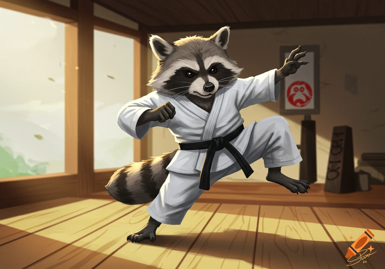 A cartoon raccoon wearing a white gi and black belt performs a karate pose on a wooden dojo floor.