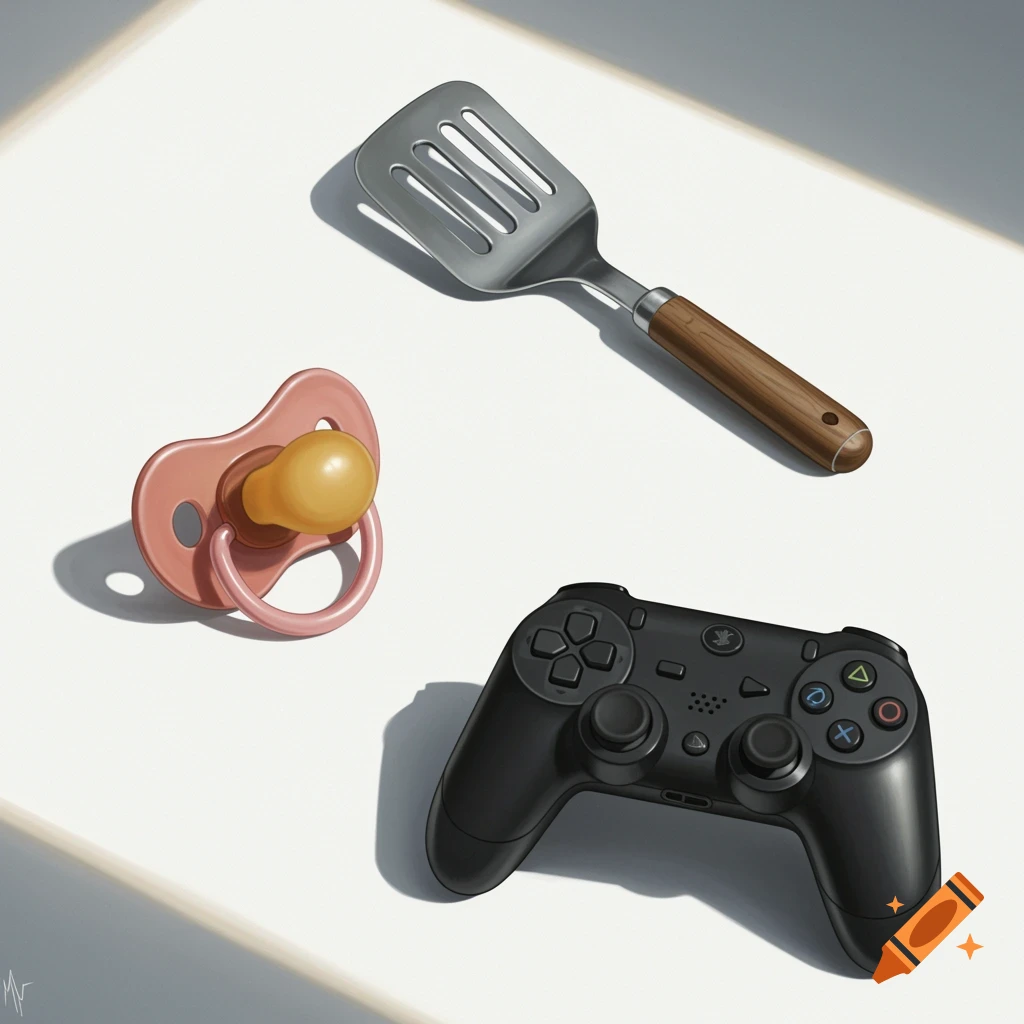 A digital still life painting of a pink pacifier, a metal spatula, and a black video game controller on a white surface.