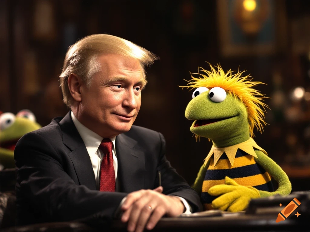 Vladimir Putin sitting next to a green muppet with yellow hair and a striped shirt, in a dimly lit setting, reminiscent of a 1980s TV show.