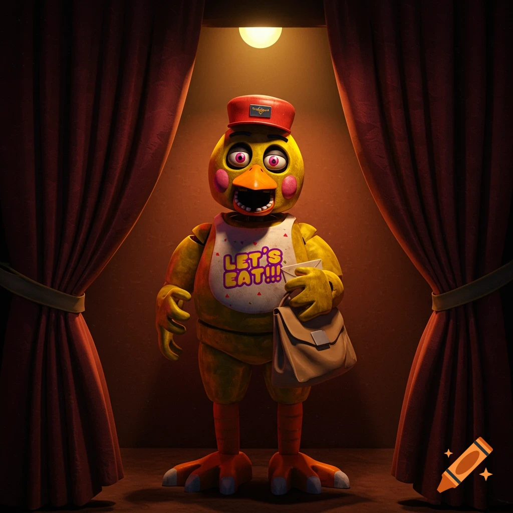 A photorealistic animatronic chicken with a mail cap and a bib saying 'LET'S EAT!!!' stands on a stage between red curtains, holding a mail bag.