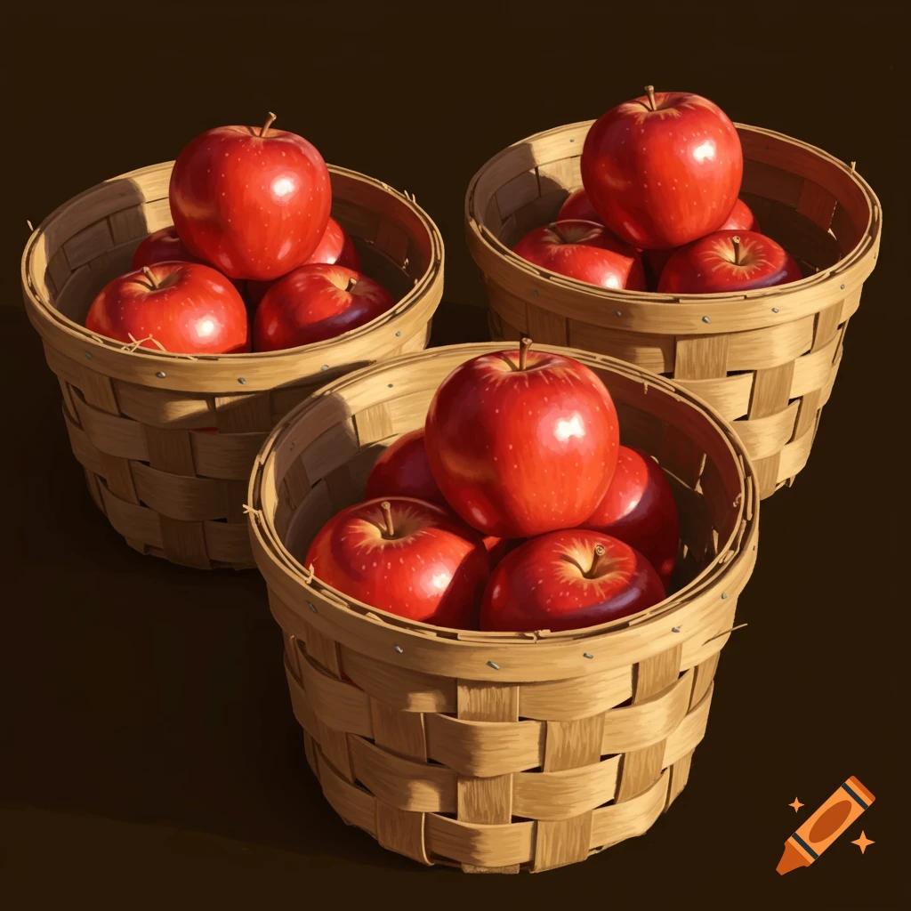 Three wicker baskets filled with ripe red apples on a dark background.