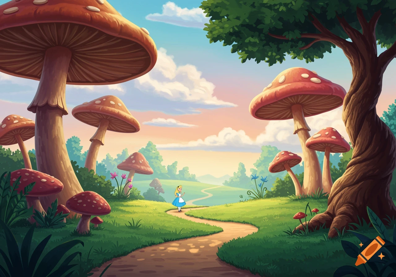 Alice in Wonderland walks on a winding path through a colorful fantasy forest with giant red mushrooms under a bright sky, cartoon style.