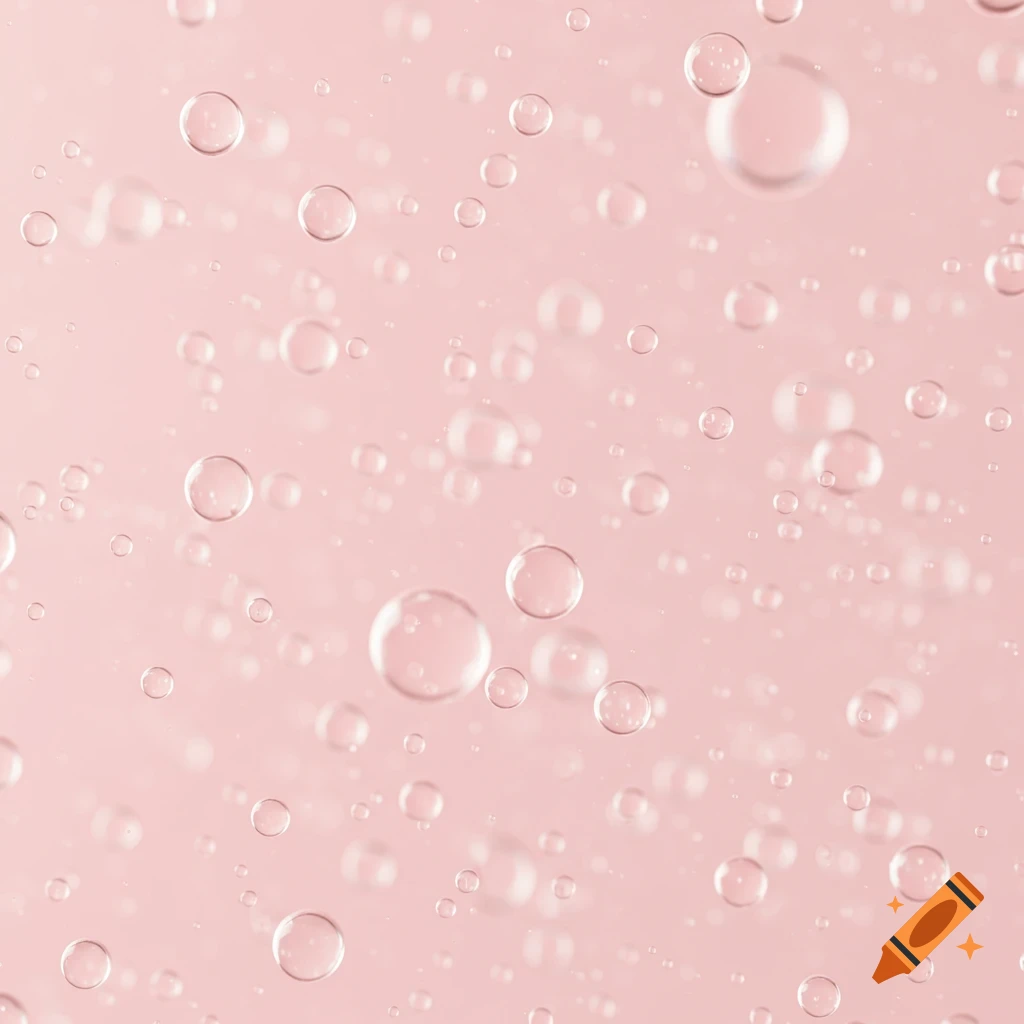 Close-up of clear bubbles of various sizes floating in a soft pink liquid, with a photorealistic style.