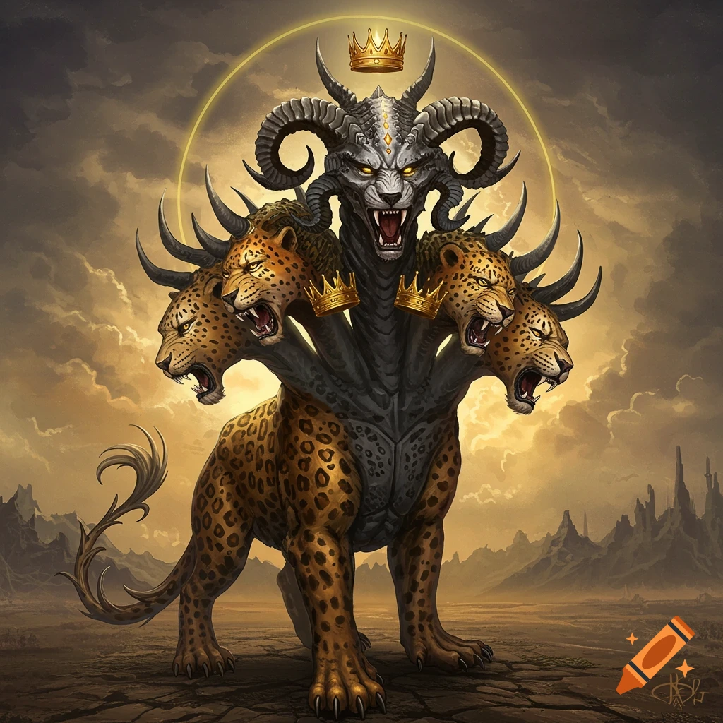A monstrous beast with a ram-like head, multiple leopard heads, and a leopard-spotted body. It stands in a desolate landscape under a stormy sky, with crowns on its heads.