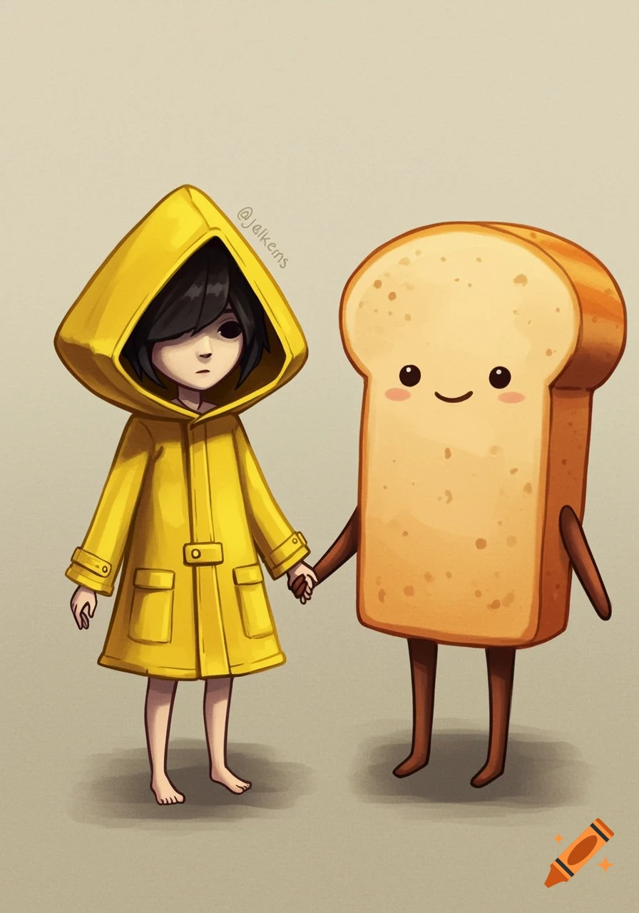Cartoon of a character in a yellow raincoat holding hands with an anthropomorphic slice of bread against a neutral background.