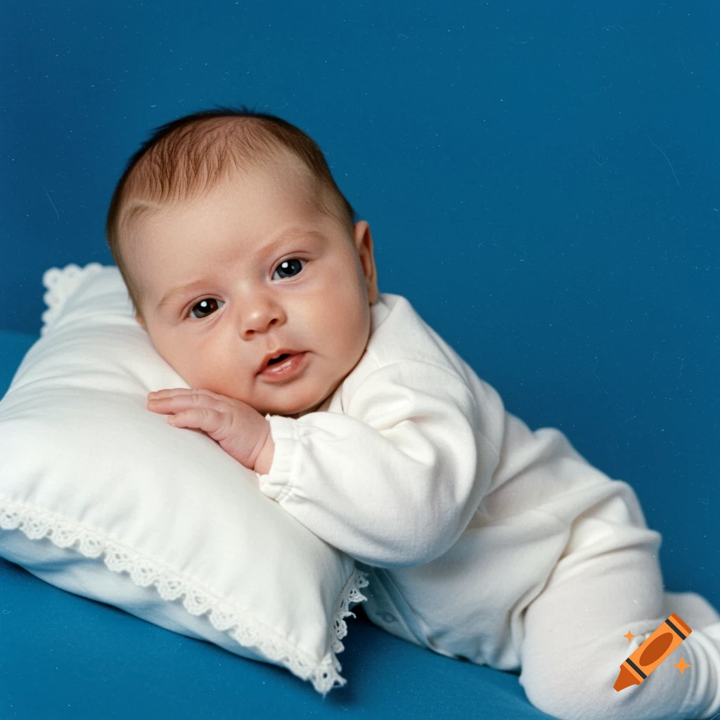 A newborn baby in a white gown leans on a white pillow on a blue background, looking at the camera with heterochromia eyes, one brown and one blue.